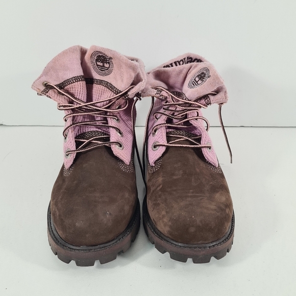 Timberland Roll Top Ankle Chunky Boots Pink & Brown Girls Size 6M (24 Cm) - Picture 2 of 8